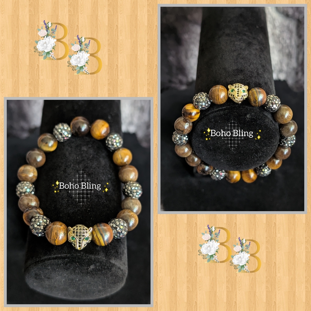 Boho Bling Tiger Eye Beaded Bracelet with Jaguar Rhinestone Head Charm
